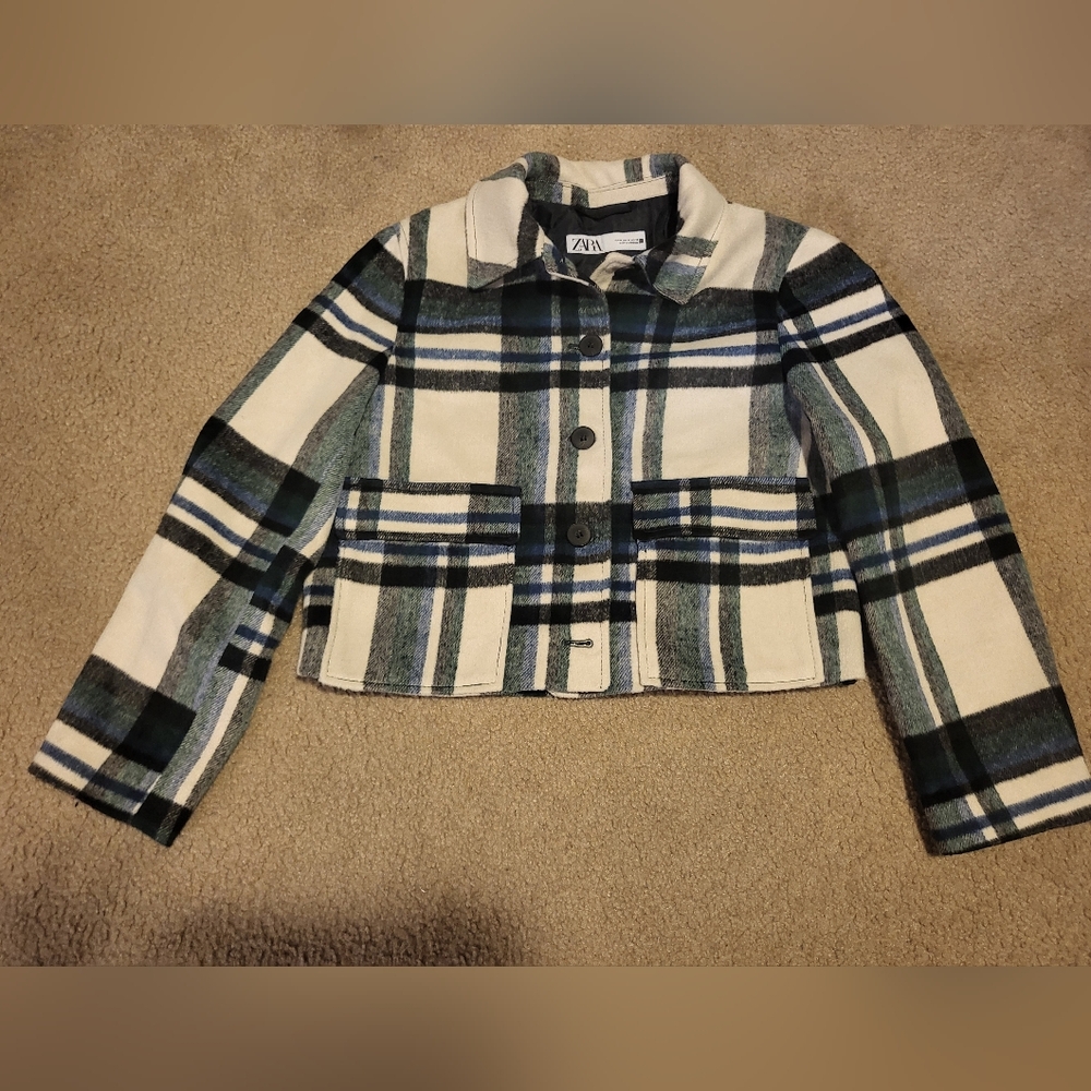 Zara Checkered Cropped Jacket in Green, Black and White